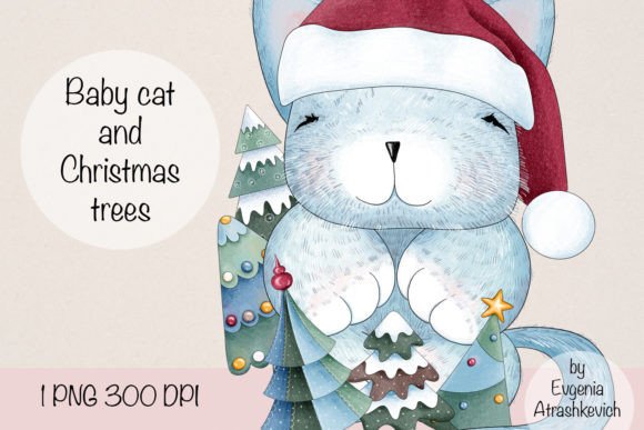 Baby Cat and Christmas Trees Sublimation Illustrations
