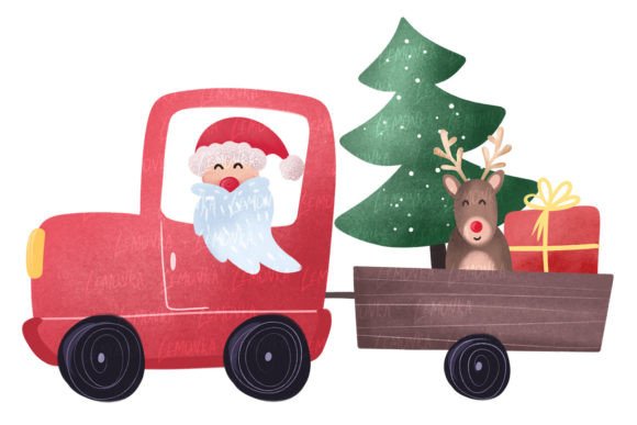 Christmas Santa Truck with Gift and Deer Illustrations