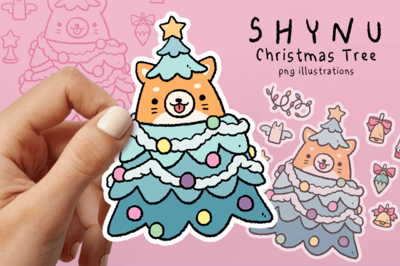 Merry Christmas Tree Stickers Dog Shiba Illustrations