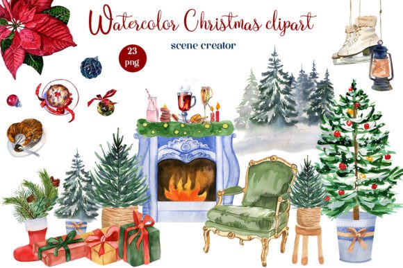 Watercolor Christmas Clipart Scene: Premium Illustrations