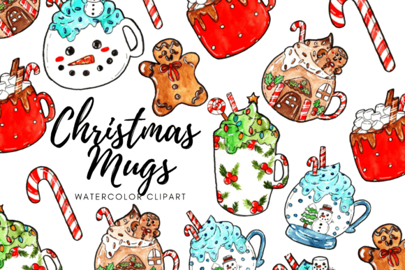 Watercolor Christmas Mug Clipart: Festive Illustrations