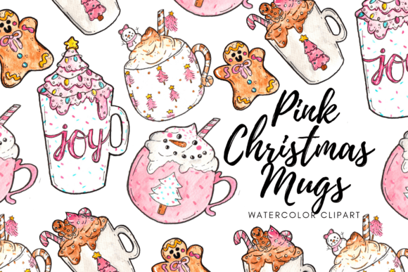 Watercolor Pink Christmas Mug Clipart: Festive Illustrations